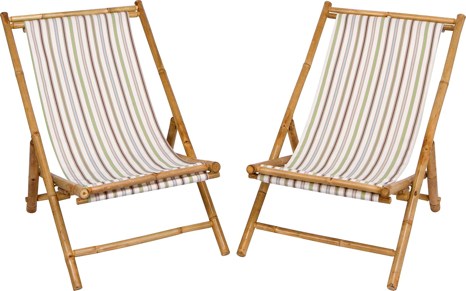 Statra Folding Bamboo Sling Chair Set of 2, White Stripes