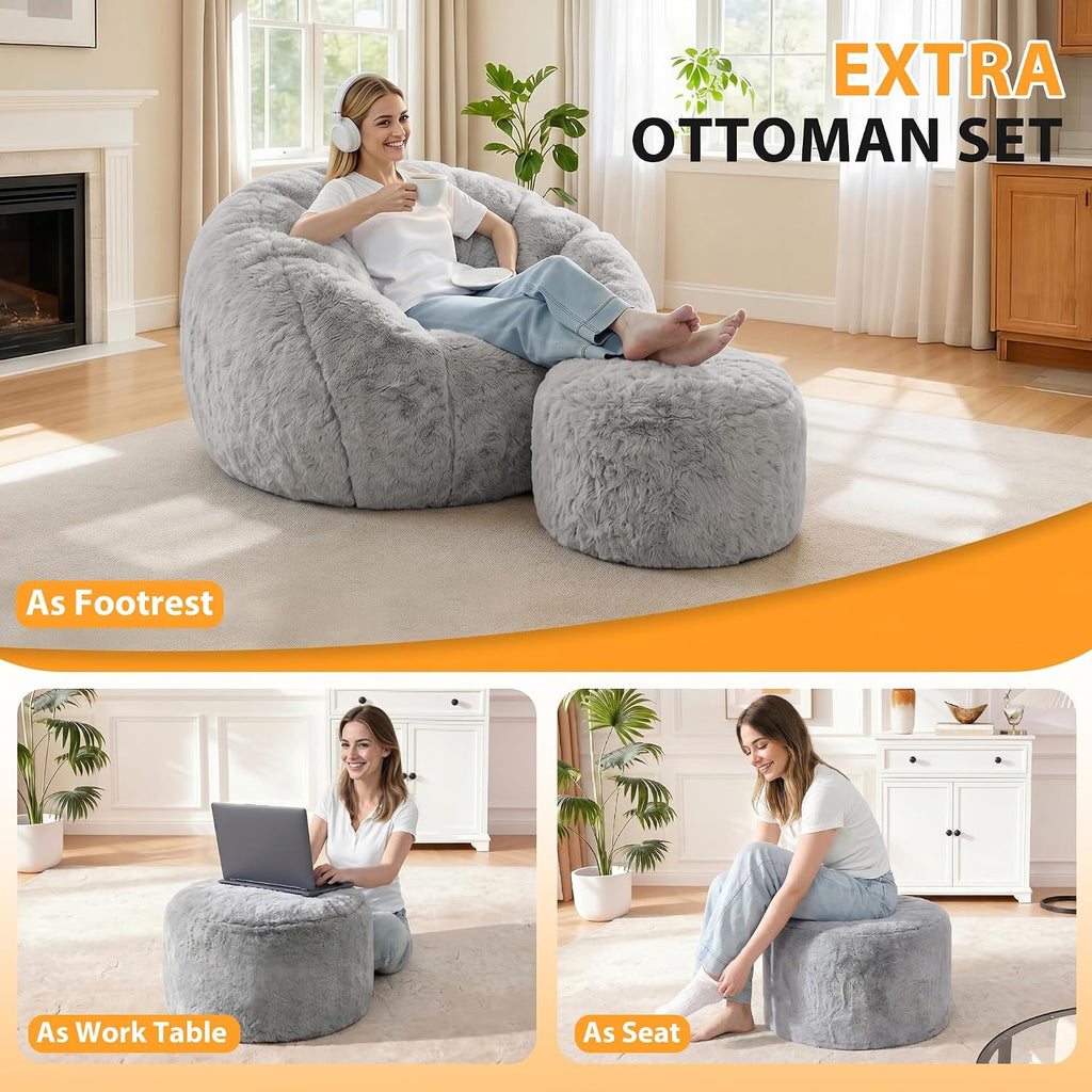 HABUTWAY Bean Bag Chair,Giant Shell-Shaped Bean Bag Couch w/Ottoman,Grey | Oversized Beanbag Chair with High Backrest, Softness and Comfort, No Assembly Required, for Living Room, Bedroom