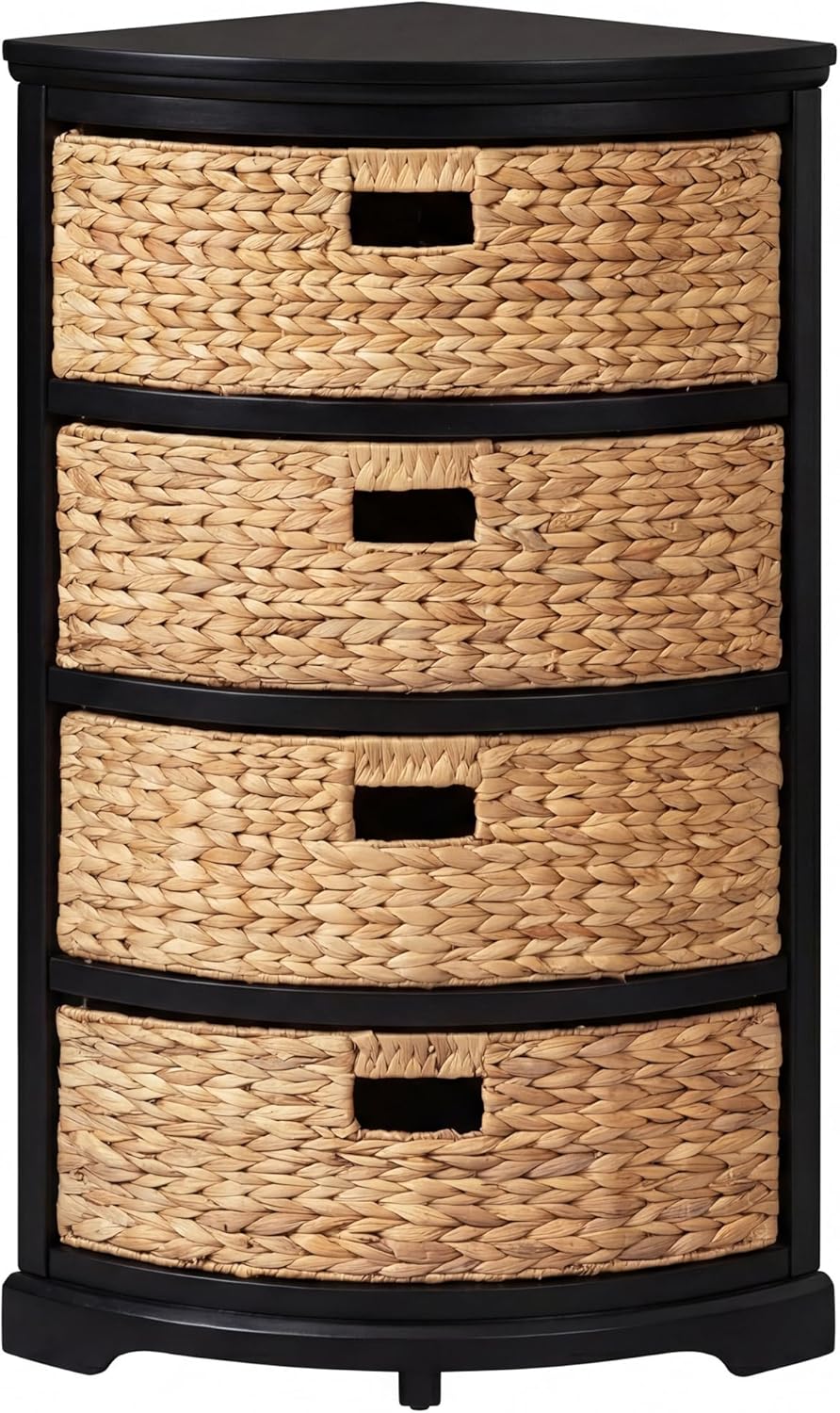 eHemco Hampton Meadows 4 Tier X-Side Corner Table Storage Cabinet with 4 Wicker Baskets, Black, 32.2 Inches High, 14 Inches Wide