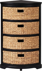 eHemco Hampton Meadows 4 Tier X-Side Corner Table Storage Cabinet with 4 Wicker Baskets, Black, 32.2 Inches High, 14 Inches Wide
