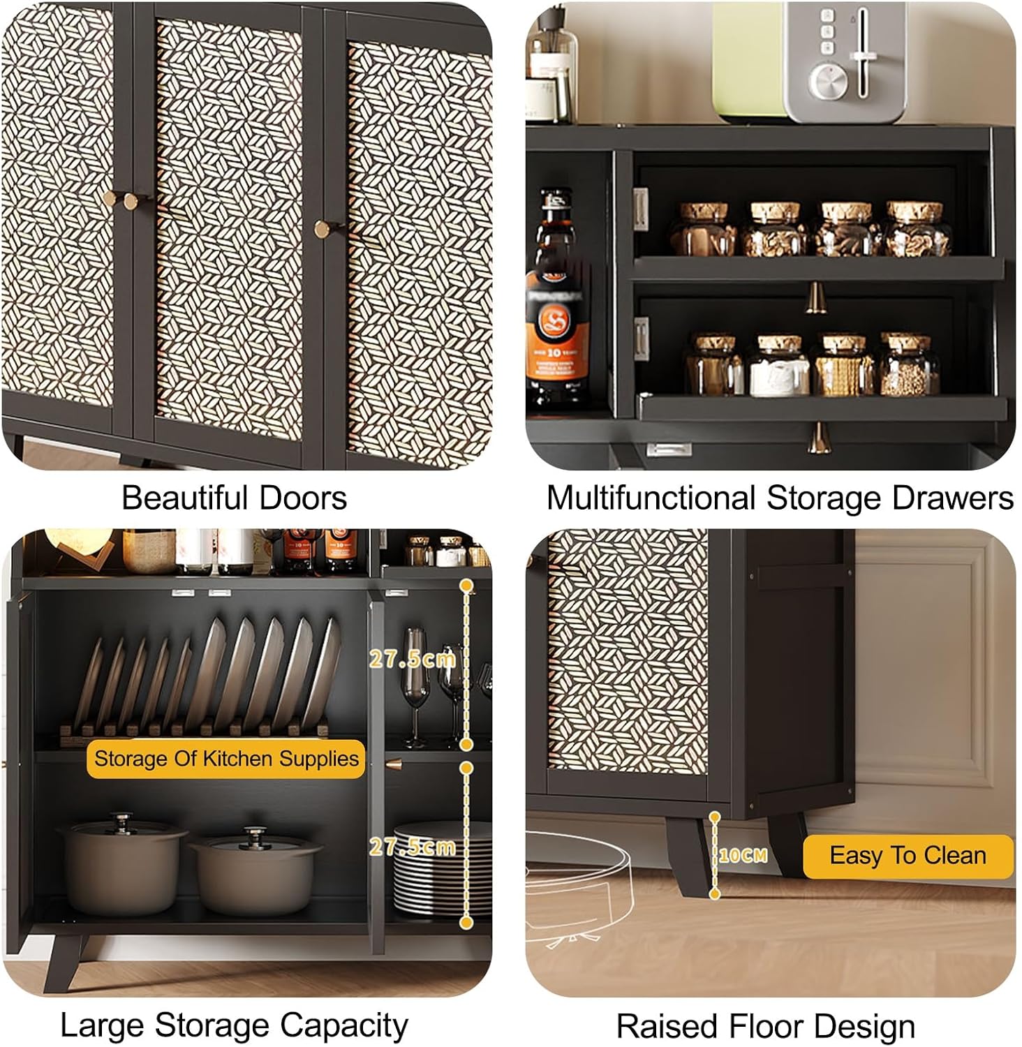 Kitchen Pantry Storage Cabinet with 3 Doors, Modern Hutch with Storage Drawers, Coffee Bar Workstation, for Kitchen, Bedroom, Dining Room, Office