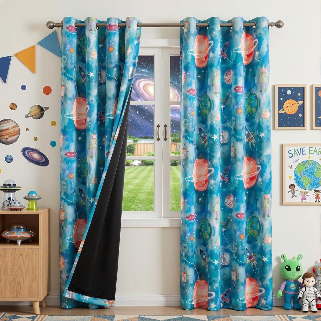 MYSKY HOME Boys Blackout Curtains 84 Inch Long 2 Panels Set 95% Light Blocking Noise Reduction Planet Astronaut Printed Grommet Drapes for Kids Nursery Bedroom Playroom, Each Panel 52" W, Blue