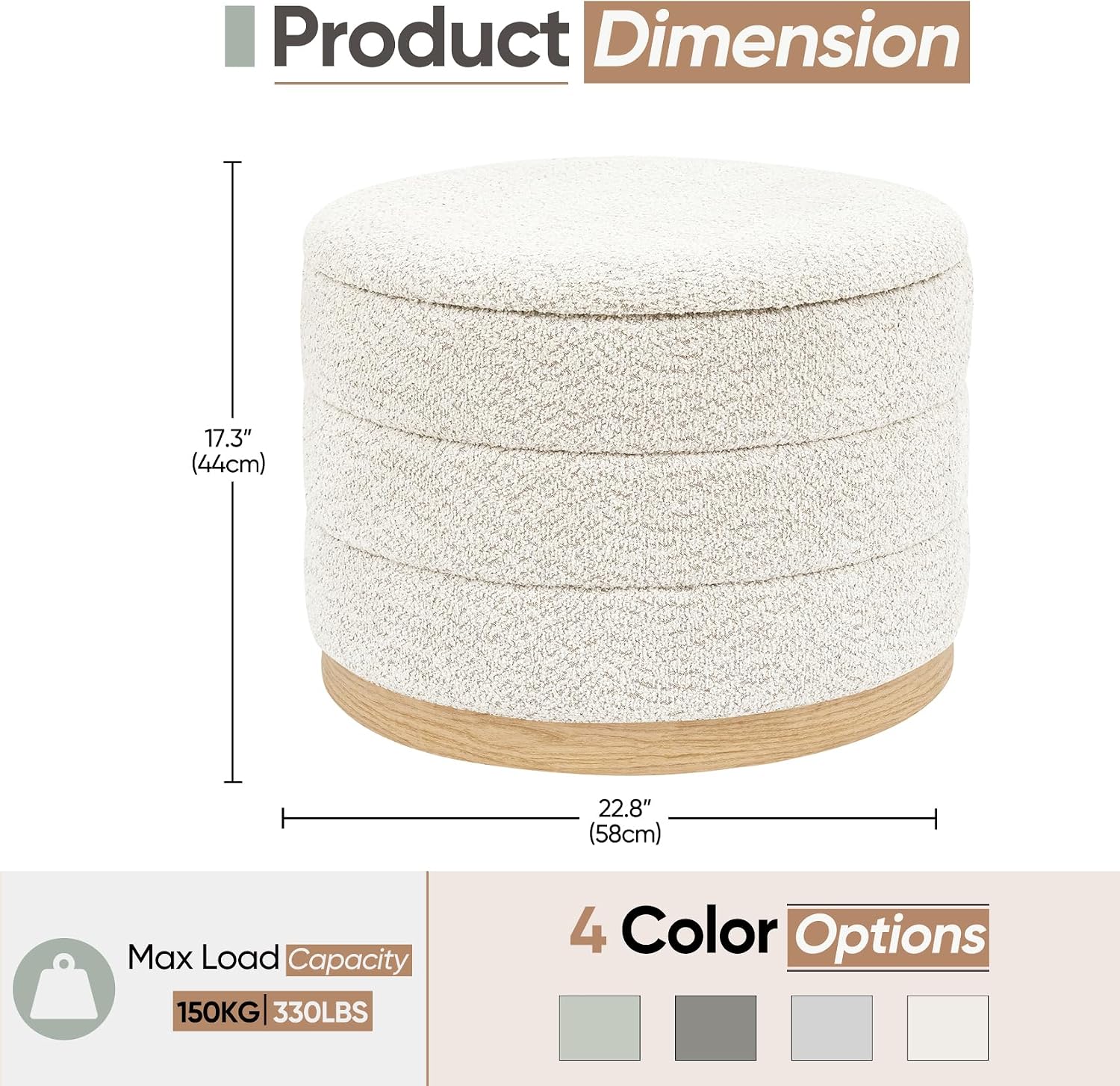 Round Storage Ottoman with Tray Lid, Folding Chenille Fabric Footrest with Hidden Storage, 22.8" Large Footstool Side Table for Dorm Living Room Bedroom, Wood Grain Base, Cream White