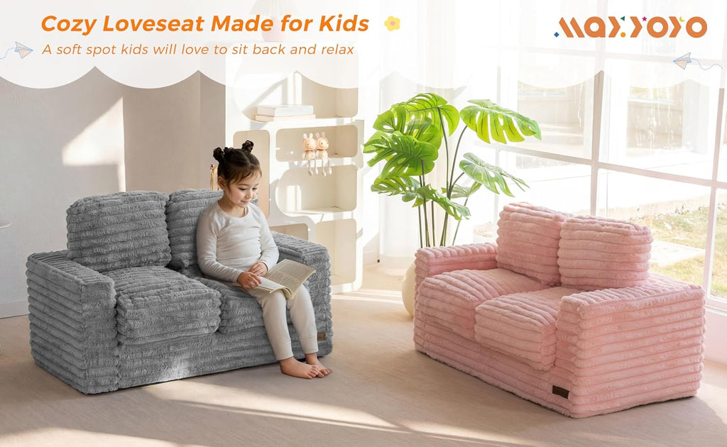 MAXYOYO Extra Wide Kids Bean Bag Chair, Comfy Faux Fur Bean Bag Sofa with Filler, Upholstered Floor Sofa with Pillows and Armrests, Lazy Floor Chair Couch for Boys and Girls, Pink