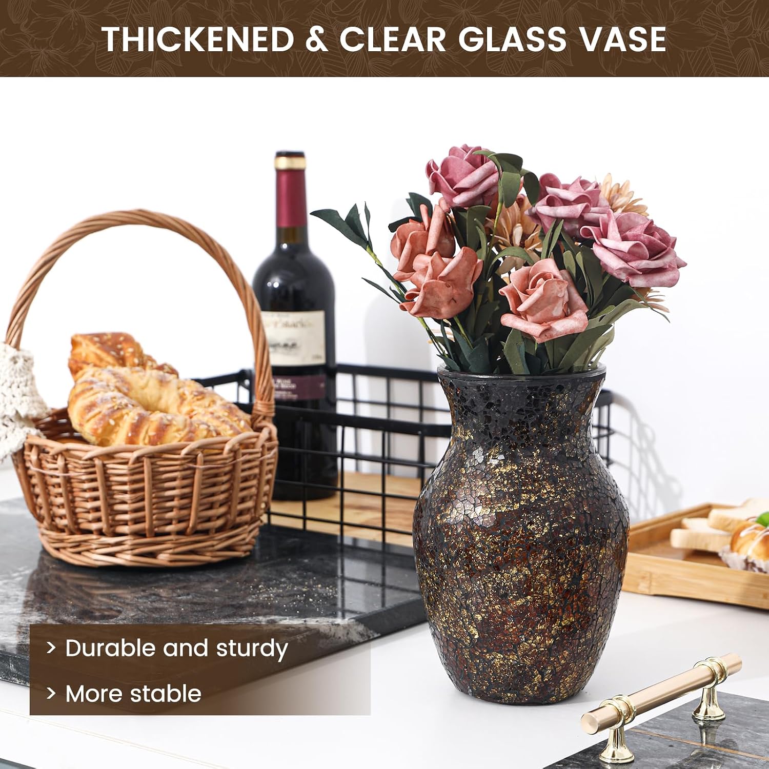 Mosaic Glass Flower Vase for Home Decor, Handmade Glass Vases for Living Room, Kitchen, Wedding, Office (Brown, 5 * 8 Inch)