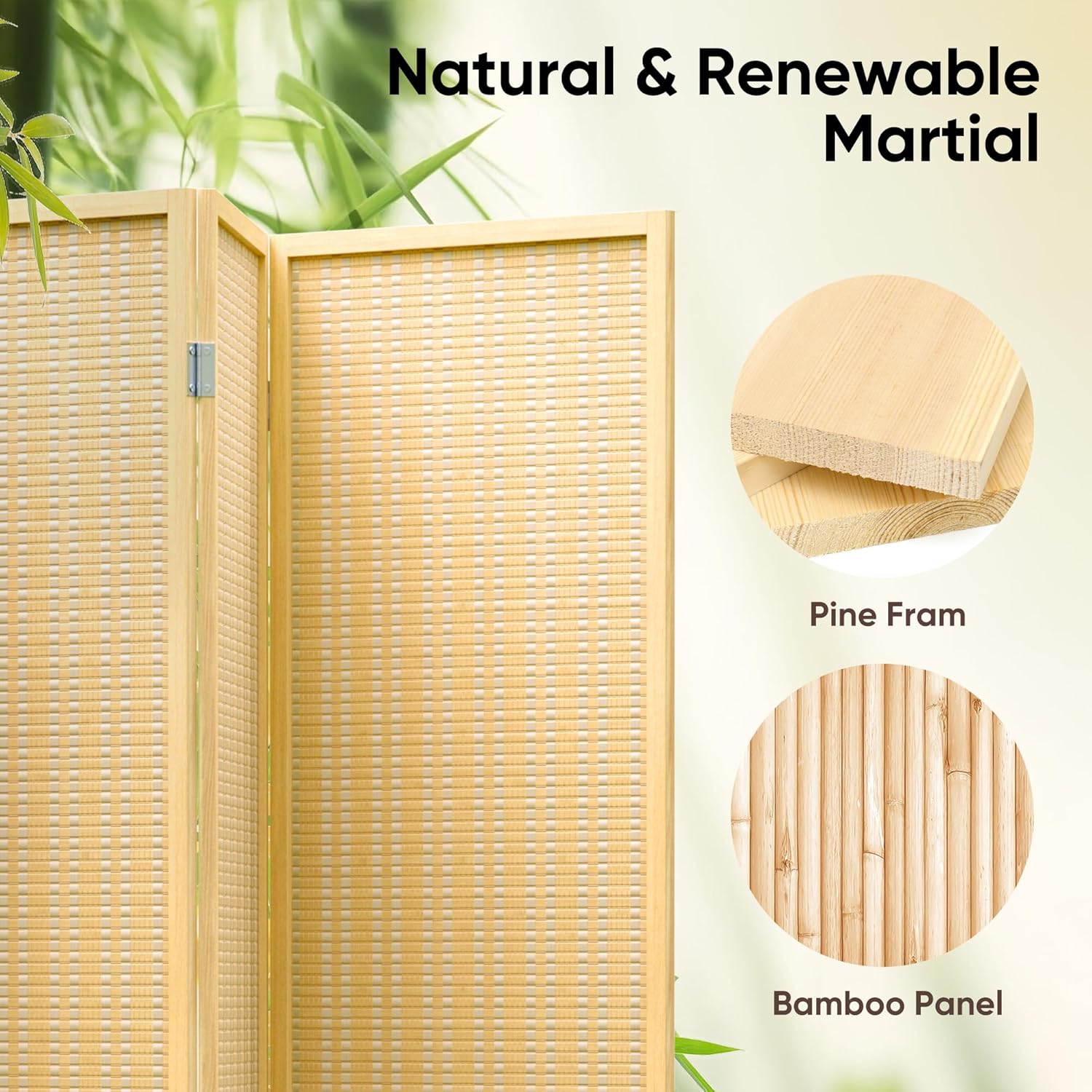JOSTYLE Room Divider 4 Panel Folding Privacy Screen, Bamboo Room Divider Screen - 6 ft. Tall Wall Divider for Room Separation Freestanding Partition Separators, Beige, 70.9" H x 79.9" W