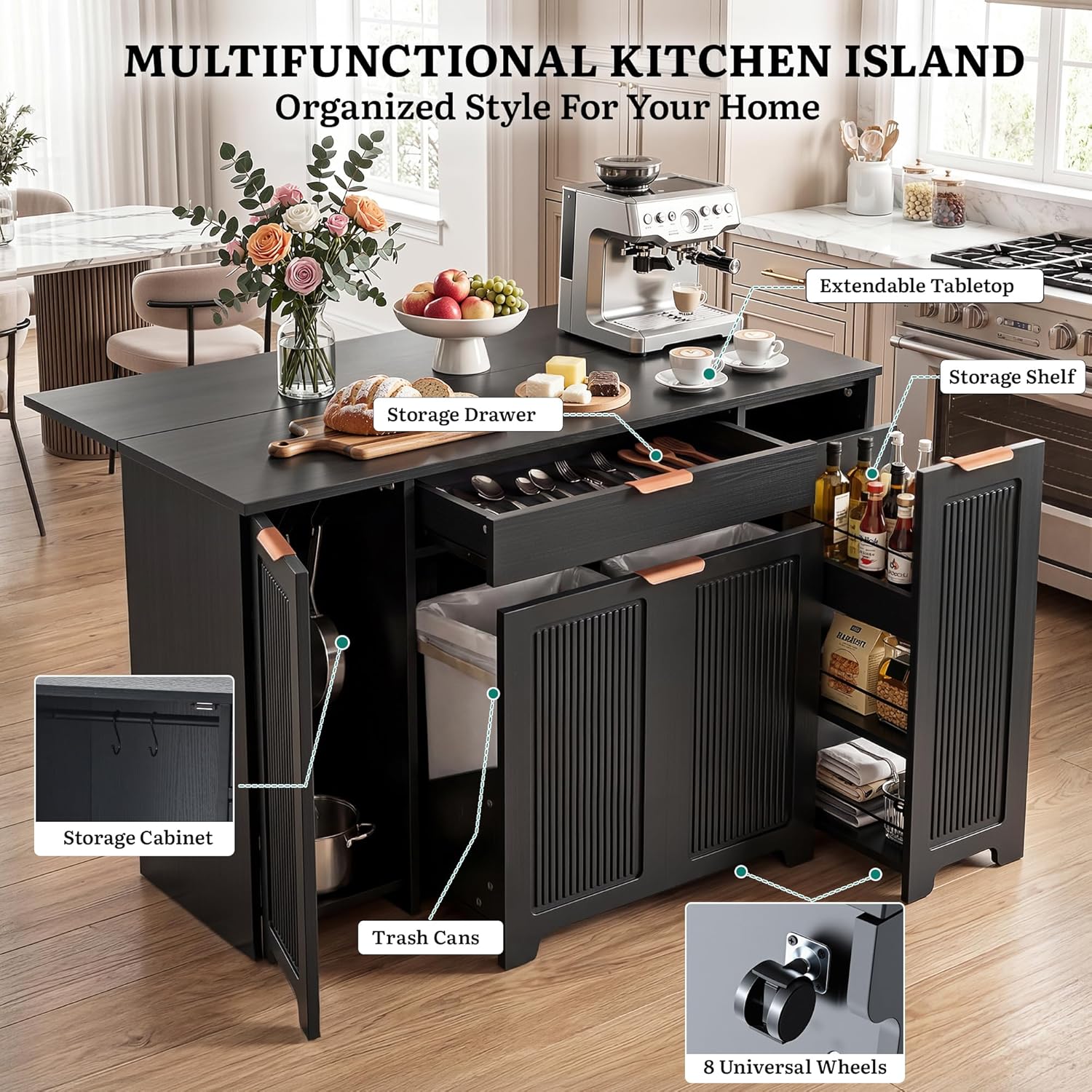 YITAHOME Expandable Kitchen Island with Hidden Trash Cabinet, 55.1" Rolling Kitchen Island with Drop Leaf, Storage Drawer & 3-Tier Side Shelves, Mobile Kitchen Island on Wheels with Towel Bar & Hooks