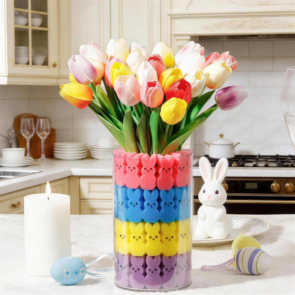 ALFEVA Easter Decorations-Vase in Vase 15pcs Artificial Tulips and 56 Peeps Bunnies Filler, Easter Vase Set Ready to Display，Spring Decorations for Home Table