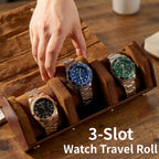 Leather Watch Roll for 2 Watches - Velvet-Lined Travel Case, Luxury Watch Rolls Organizer with Storage & Display for Men (3 Slot-Brown)