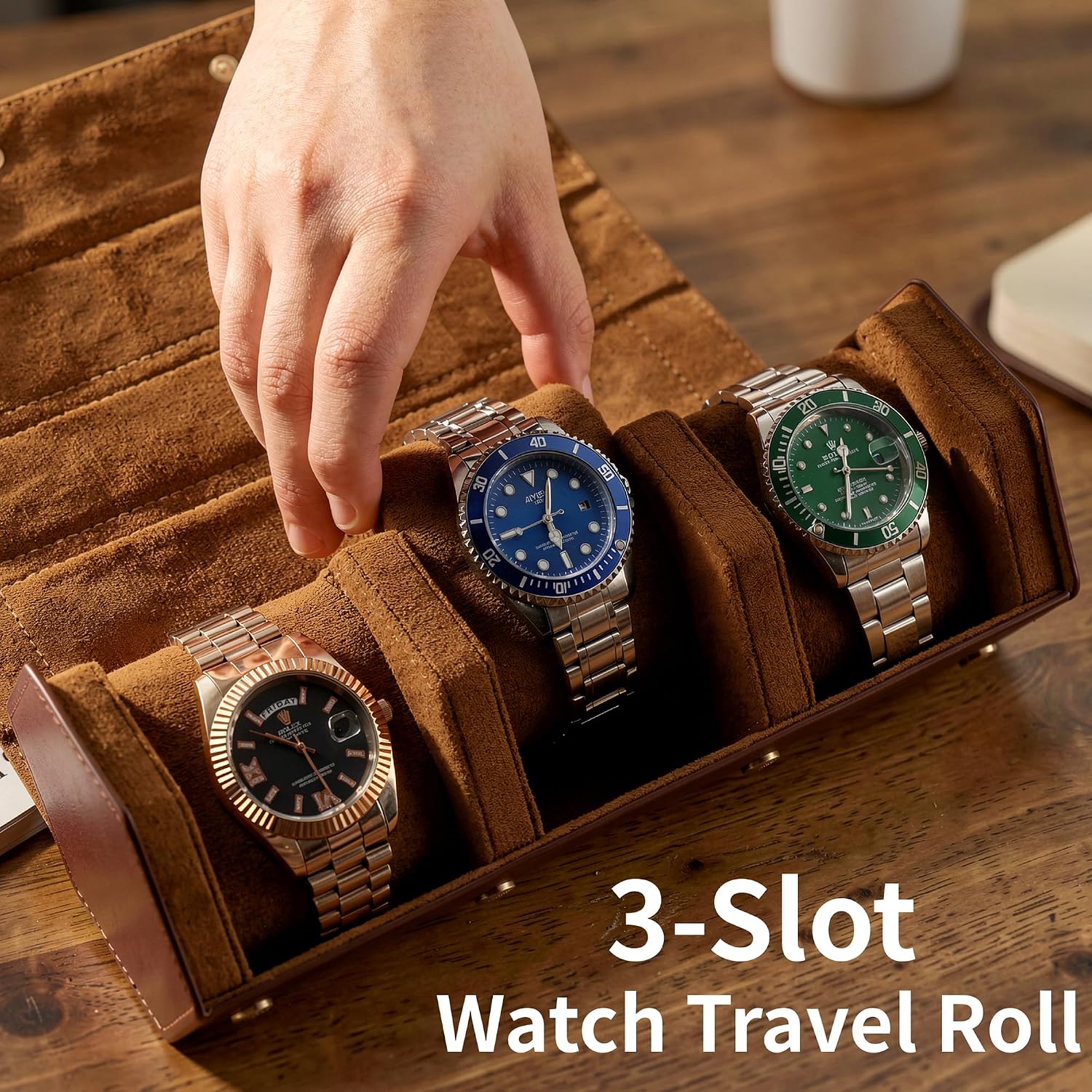 Leather Watch Roll for 2 Watches - Velvet-Lined Travel Case, Luxury Watch Rolls Organizer with Storage & Display for Men (3 Slot-Brown)
