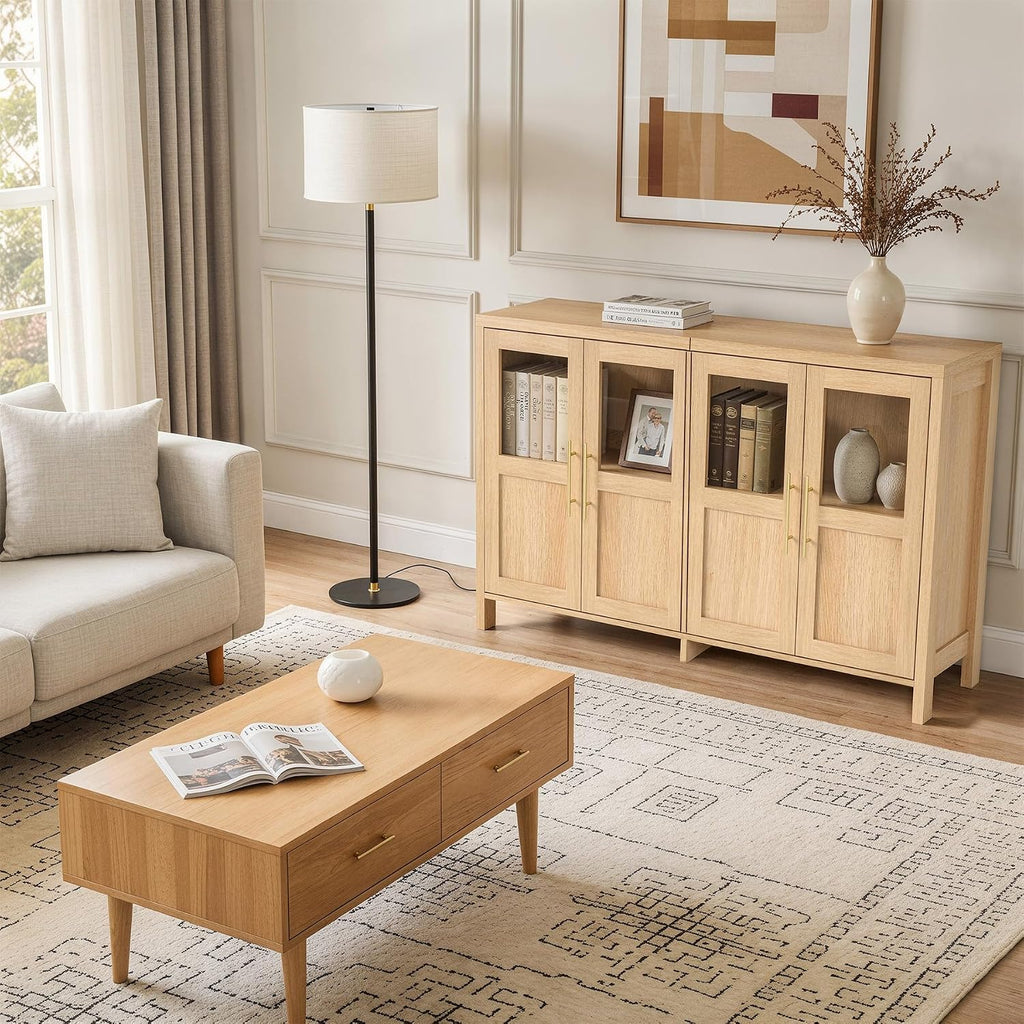 55" Sideboard Cabinet with Glass Doors, Large Buffet Cabinet with Storage and Shelves, Modern Accent Console Table for Dining Room Living Room Entryway (Natural)
