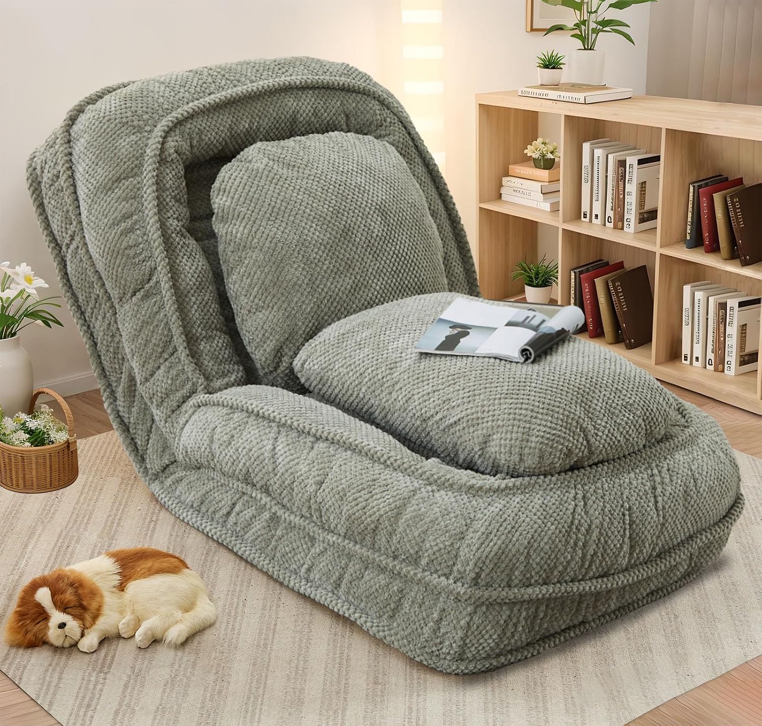 Upholstered Human Dog Bed for Adult & Pets, Convertible Lazy Sofa Bed with 5 Adjustable Position, Comfy Tatami Bean Bag Lounge Chair with 2 Soft Pillows for Bedroom Living Room Office (Green)