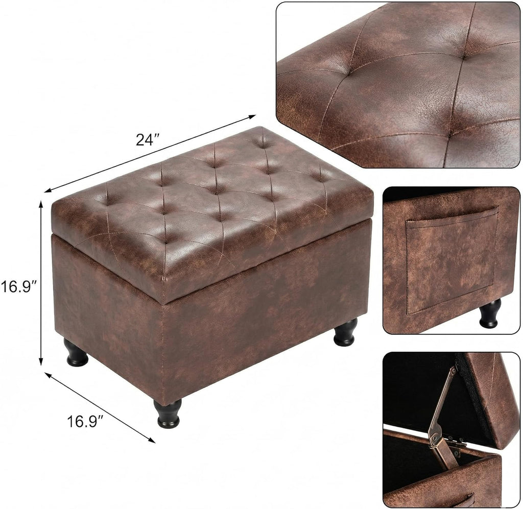 Leather Storage Ottoman Bench Rectangle 24 Inch Foot Rest Ottomans Stool for Living Room Bedroom(Brown)