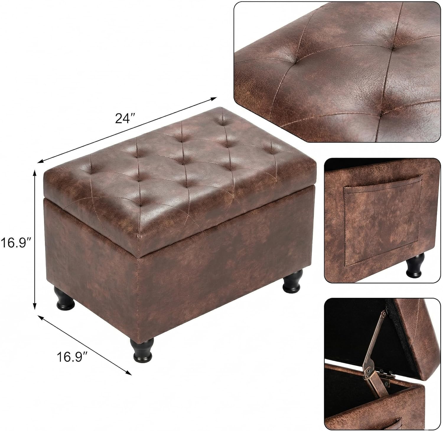 Leather Storage Ottoman Bench Rectangle 24 Inch Foot Rest Ottomans Stool for Living Room Bedroom(Brown)