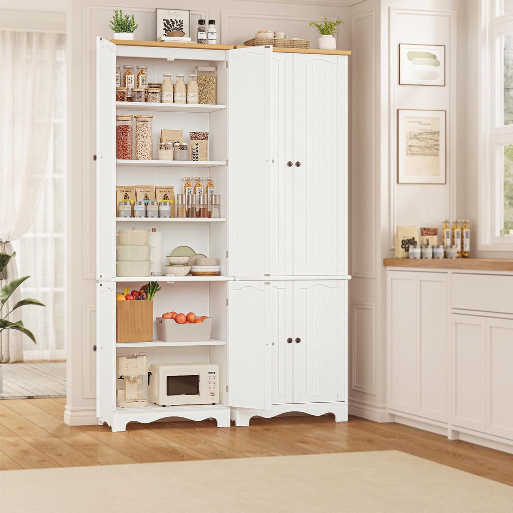 72'' Tall Kitchen Pantry Cabinet, Kitchen Storage Cabinets with 4 Doors and 5 Shelves, Wooden Food Pantry Farmhouse Cupboard Buffet for Dining Living Room, White