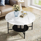 31.5Wx20.1Dx18.7H inch Round Marble Coffee Table, 2 Tier, Sofa Side End Table, Nightstand, Open Storage, Living Room Decor, Center Table, 32"