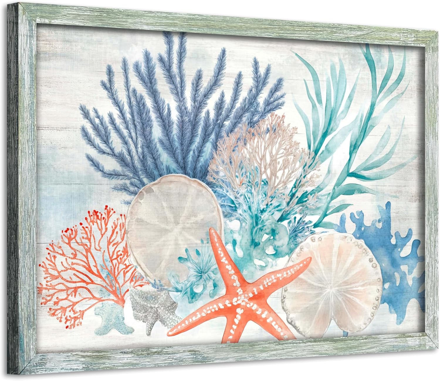 Sea Framed Wall Art Decor: Vintage Starfish Picture Colorful Ocean Coral Painting Undersea Seagrass Prints Green Marine life Artwork for Bathroom