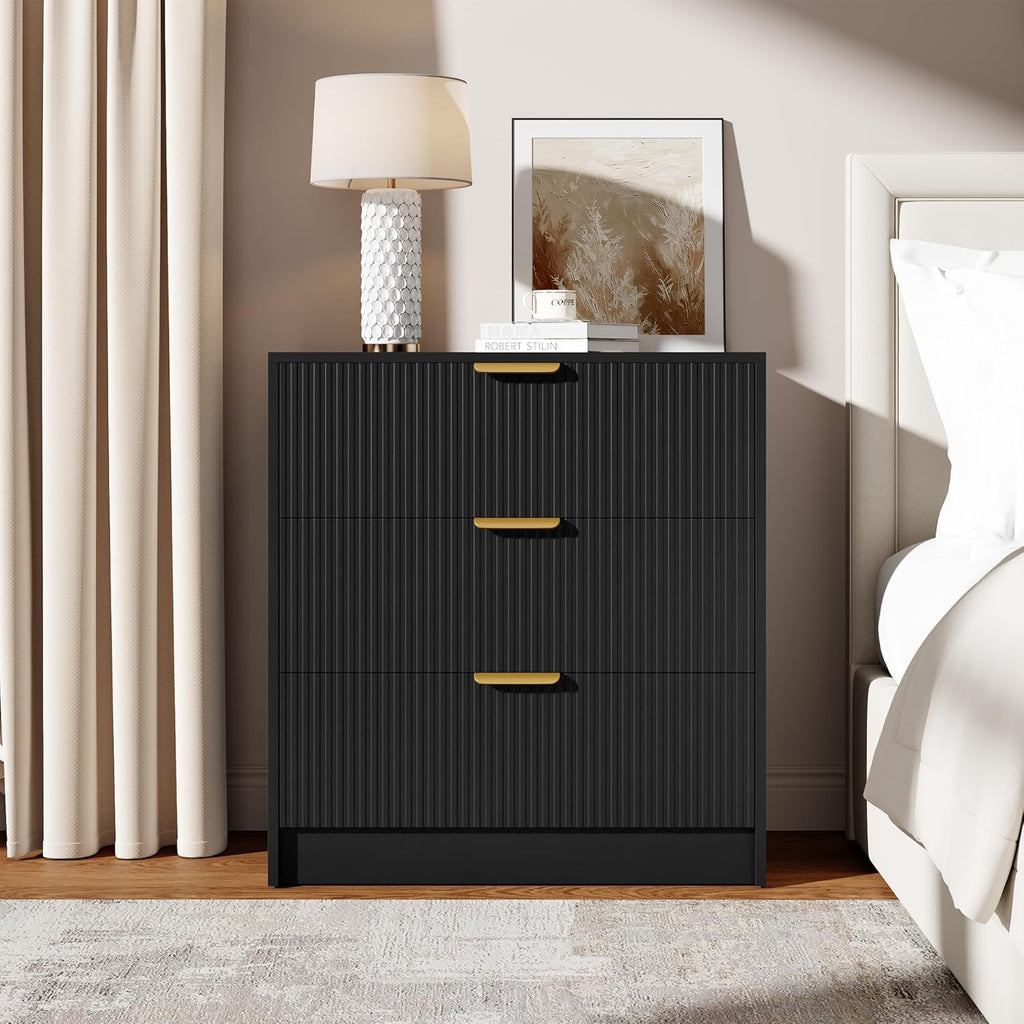 Garvee 3 Drawer Dresser for Bedroom - 30" Tall Nightstand Vertical Modern Fluted Chest of Drawers with Golden Metal Handles, Multi-Function Home Organizer for Living Room, Entryway, Hallway, Black
