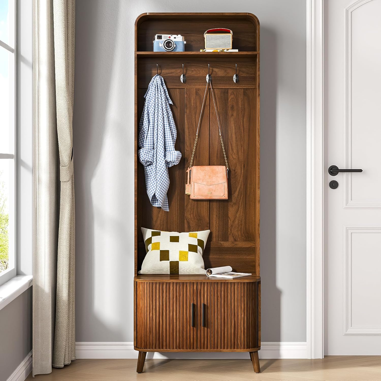 LUVIOHOME Hall Tree with Shoes Bench and Storage, Entryway 66.9" Storage Bench with Coat Rack，Arch Coat Rack with 4 Hooks and 2 Fluted Doors，Multi-Purpose Home Organizer (Walnut)