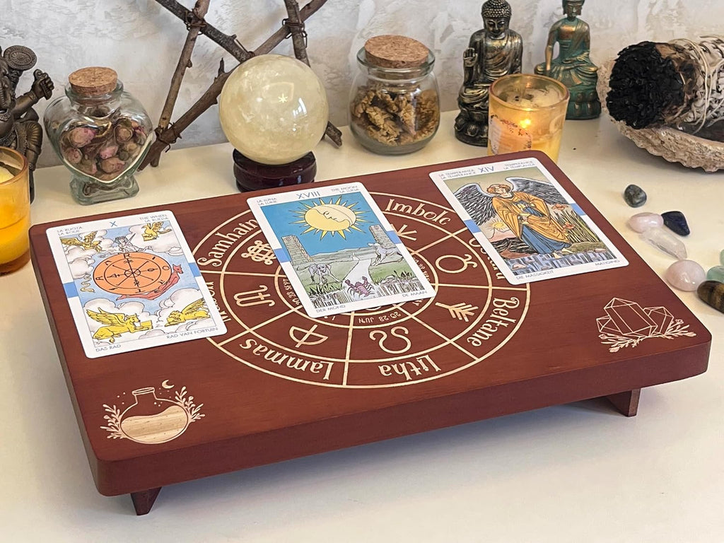Altar Table, Meditation Table, Small Altar Table, Wooden Witch Altar, Wiccan Alter Table, Buddhist Shrine, Engraved Wheel of The Year on Table Top, 12 × 8 inches