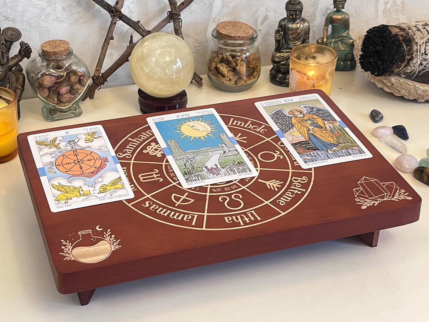 Altar Table, Meditation Table, Small Altar Table, Wooden Witch Altar, Wiccan Alter Table, Buddhist Shrine, Engraved Wheel of The Year on Table Top, 12 × 8 inches