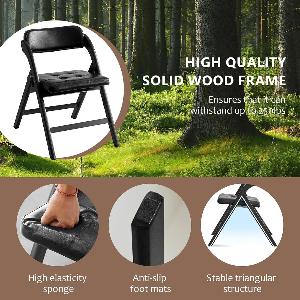 Wood Folding Chairs Set of 2, Upholstered Foldable Dining Chairs with Padded Seat and Backrest, Portable Accent Chairs for Kitchen, Dining Room, Apartment, Office, Guest Seating, Black