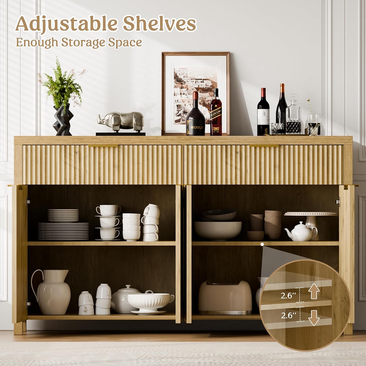 Lulive Fluted Buffet Cabinet with Storage 55 inch Wood Large Sideboard with Adjustable Shelves for Entryway Kitchen Living Room, Natural