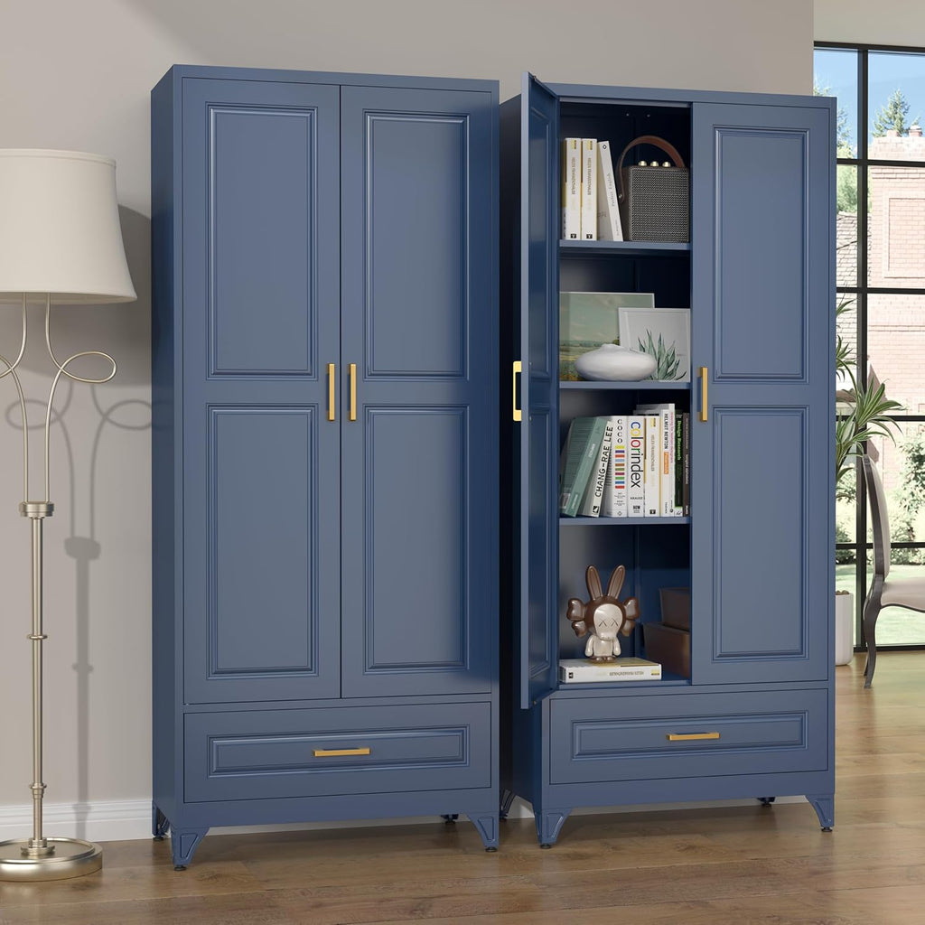 SteeLoong 75" Kitchen Pantry Cabinet with Drawer, Metal Storage Cabinets with Doors and 4 Adjustable Shelves,Blue Kitchen Cabinet with 2 Gold Handles,Food Cupboard for Livingroom,Pantry, Bathroom