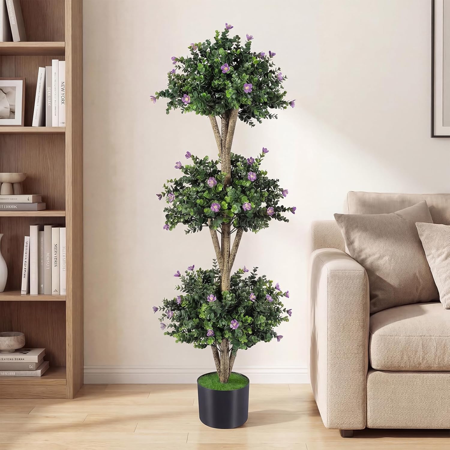 Goplus 51" Artificial Triple Ball Boxwood Topiary Tree, Faux Bush Plant with 59 Blossoms, Cement-Filled Plastic Pot, Sun-Resistant Indoor Outdoor Fake Greenery for Porch Home Decoration Housewarming