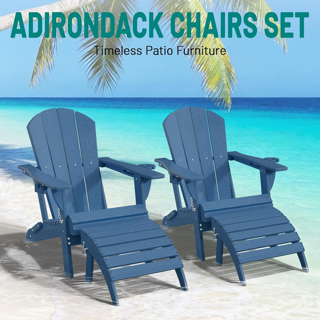PLUUV Folding Adirondack Chair Set of 4, Easy Storage Space Saving, 380 LBS Capacity Weather Resistant HDPE with Two-Cup Holder for Outdoor Patio Fire Pit Gathering, Navy