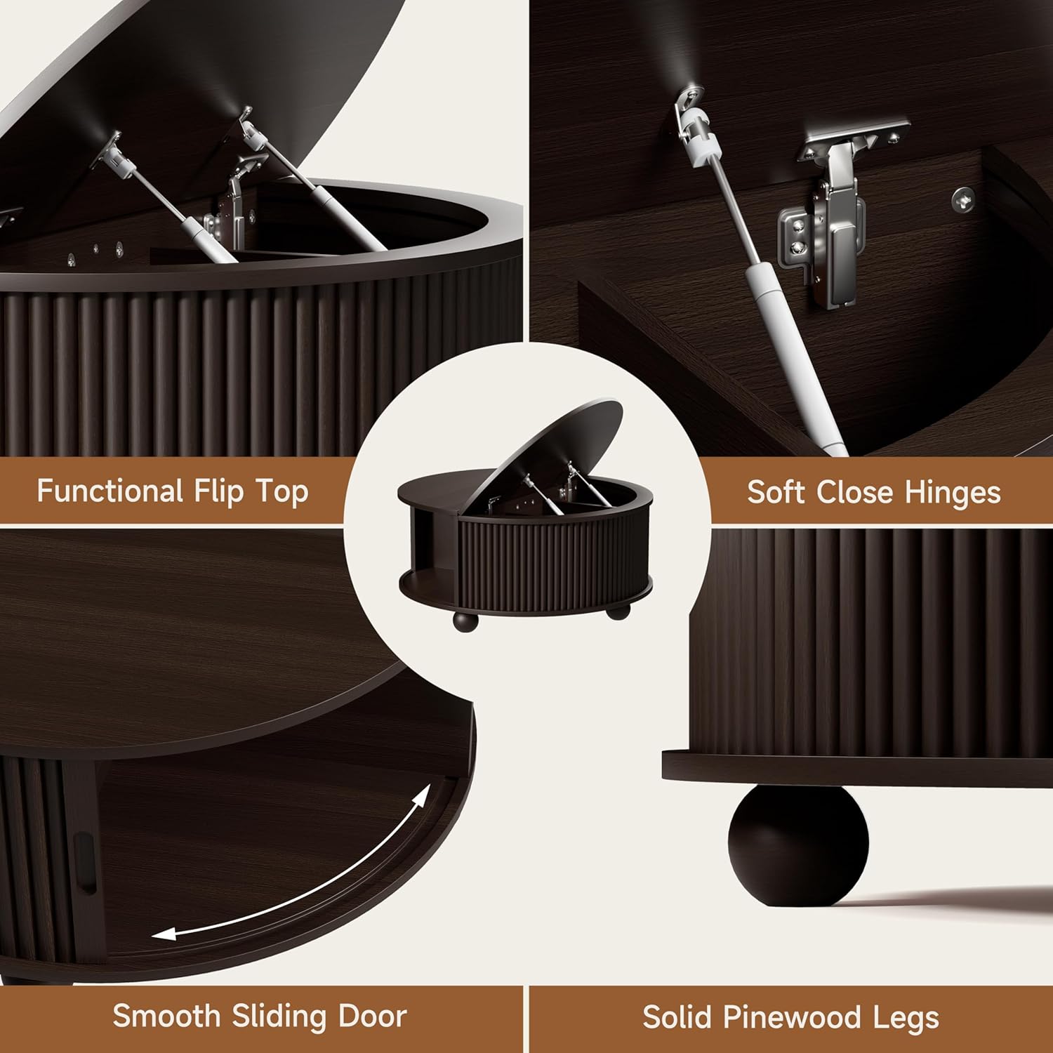 DHH Fluted Round Coffee Tables,31.5" Mid Century Modern Circle Drum Table with Storage, Accent Coffee Table with Sliding Cabinet Door for Living Room Small Space (Dark Walnut)