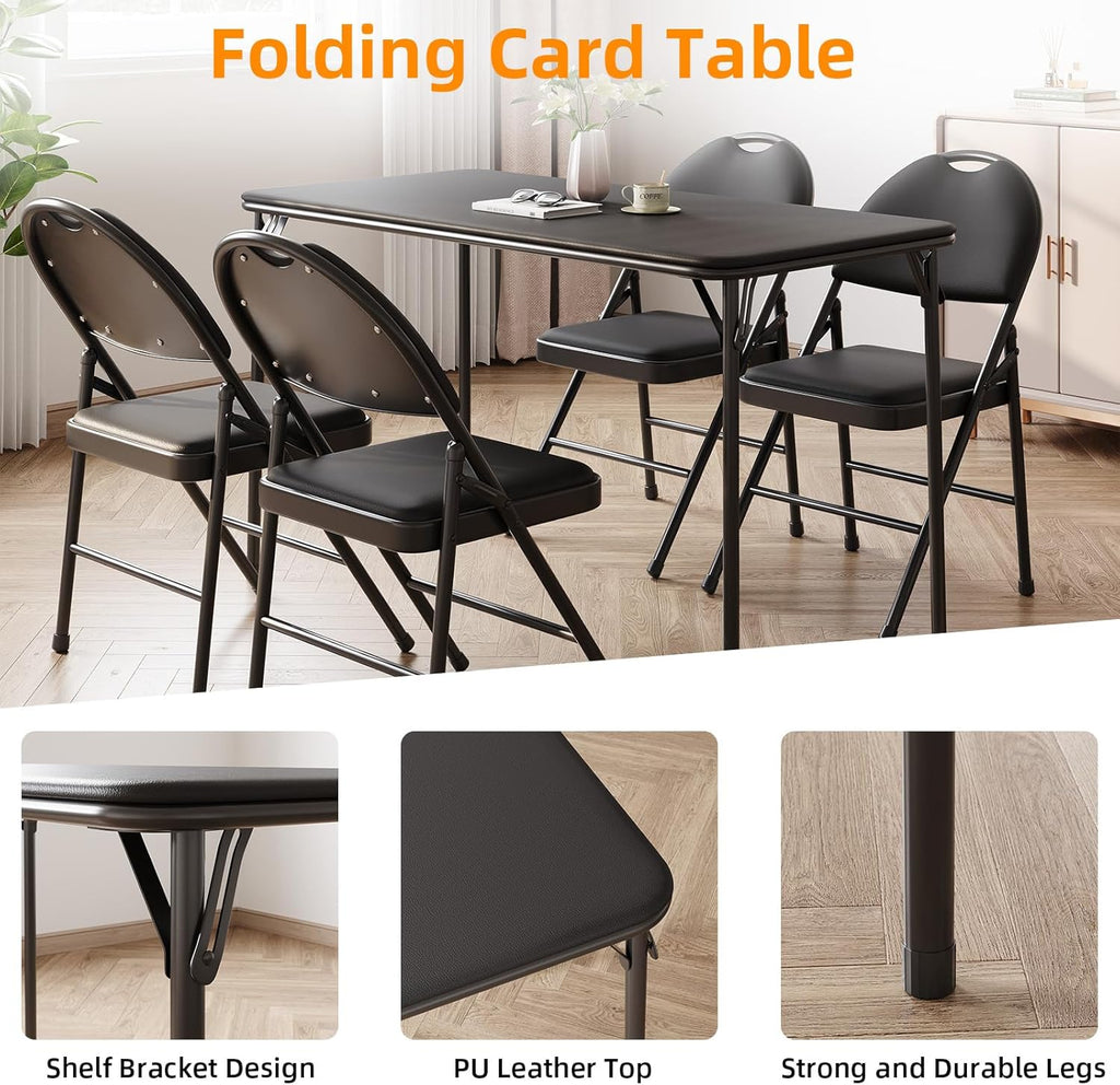 IDEALHOUSE 4 Feet Folding Table, Protable Foldable Card Table, Metal Legs Support, Upholstered PU Leather Tabletop, Heavy Duty, No Assembly Required, Perfet for Indoor and Outdoor, Black