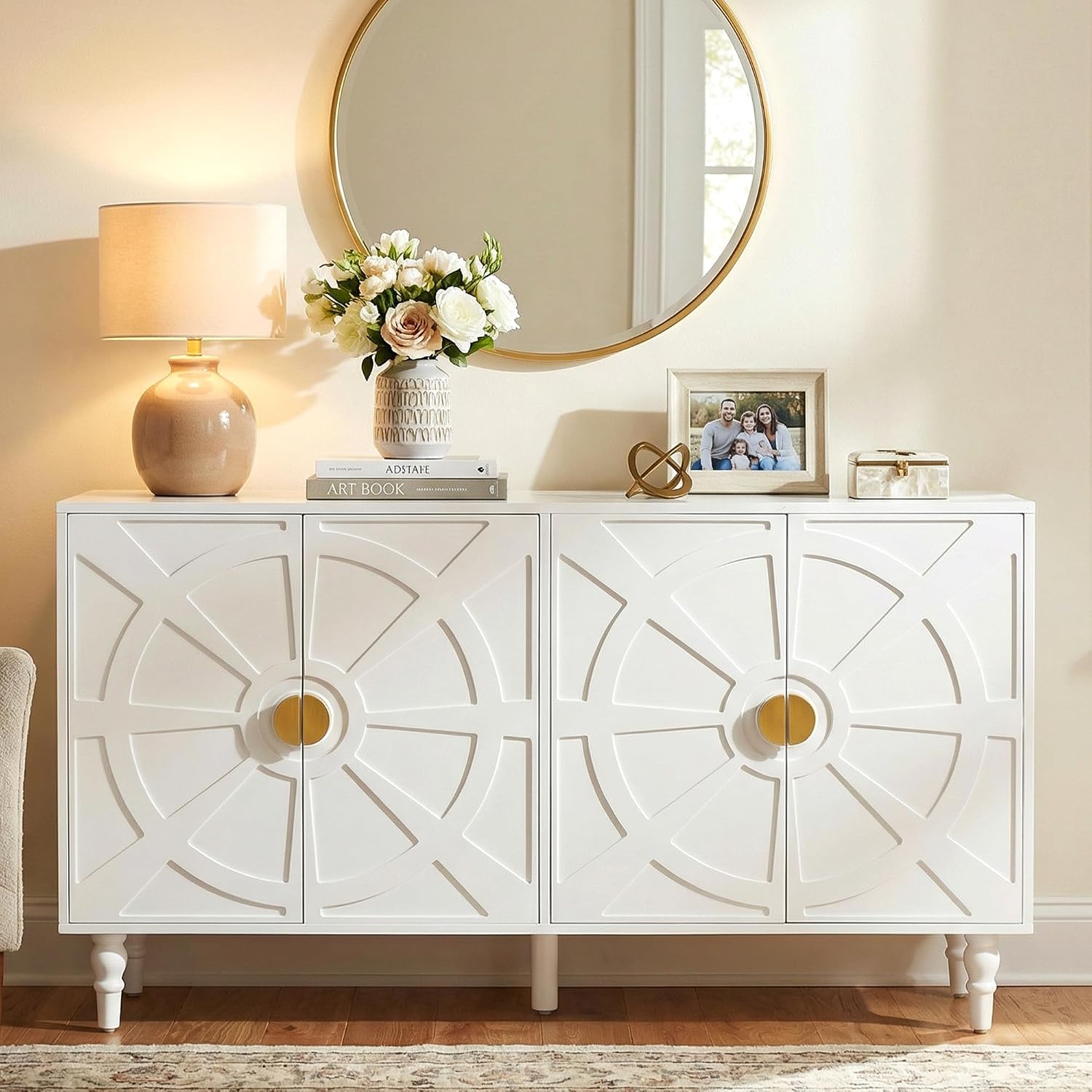 RoyalCraft Buffet Cabinet with Storage, Vintage Sideboard with Ship Wheel Pattern and 4 Doors, Wood Credenza Coffee Bar Table with Solid Wood Legs for Kitchen, Dining Room, Living Room, White