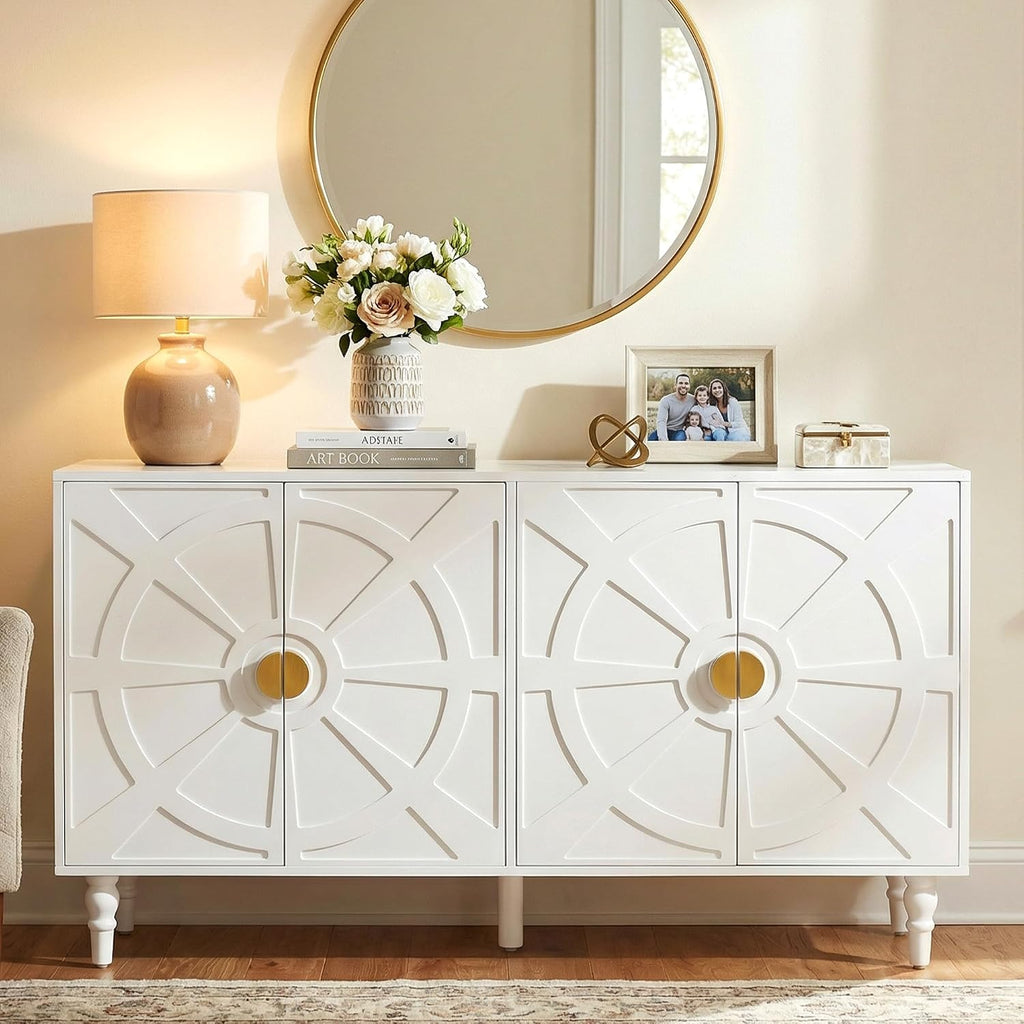 RoyalCraft Buffet Cabinet with Storage, Vintage Sideboard with Ship Wheel Pattern and 4 Doors, Wood Credenza Coffee Bar Table with Solid Wood Legs for Kitchen, Dining Room, Living Room, White