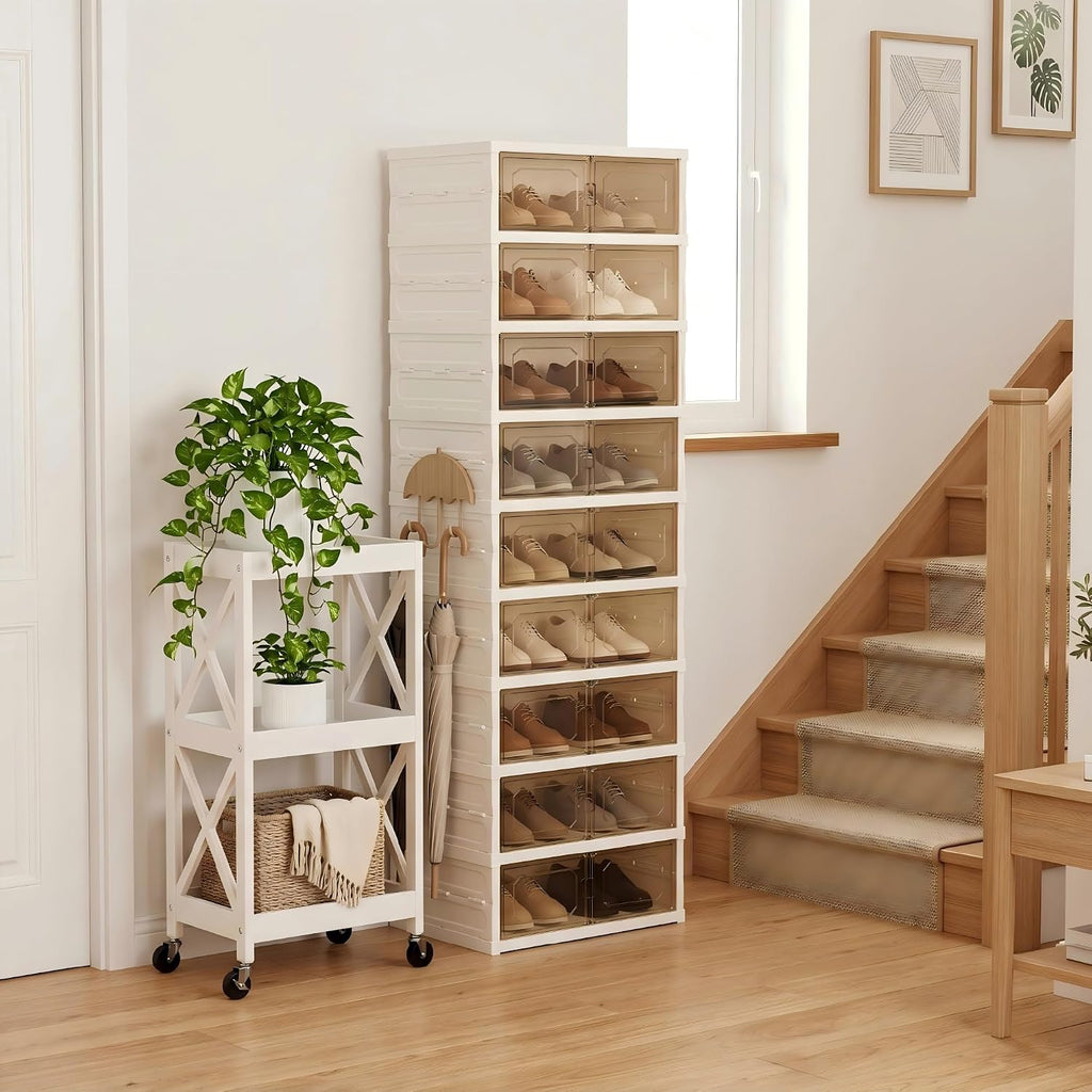 Foldable Shoe Rack Set of 2, 9 Tier Collapsible Shoe Rack with Magnetic Doors, Large Capacity Clear Display Cabinet with Wheels for 18 Pairs, Apartment Entryway