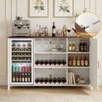 70" Large Coffee Bar Cabinet with Power Outlet, Mini Fridge Cabinet with Adjustable Shelf Wine Rack Glass Holder Liquor Wine Bar Storage, White Fluted Buffet Sideboard Table for Kitchen Dining Room