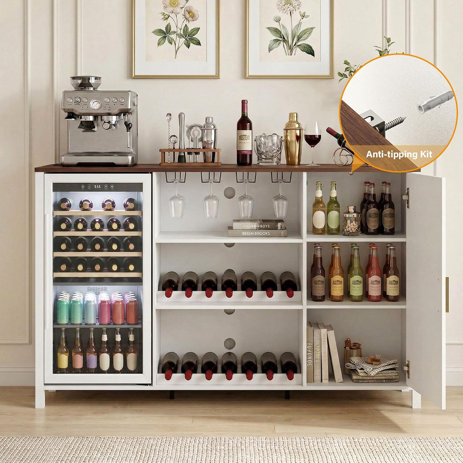 70" Large Coffee Bar Cabinet with Power Outlet, Mini Fridge Cabinet with Adjustable Shelf Wine Rack Glass Holder Liquor Wine Bar Storage, White Fluted Buffet Sideboard Table for Kitchen Dining Room