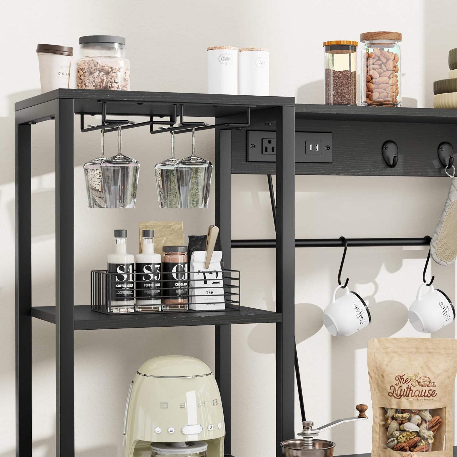 IDEALHOUSE Kitchen Bakers Rack with Refrigerator Storage Space, Industrial Microwave Stand with Power Outlet, Freestanding Kitchen Shelf for Pantry Living Room, 33.9 x 19.7 x 58.1 Inches, Black