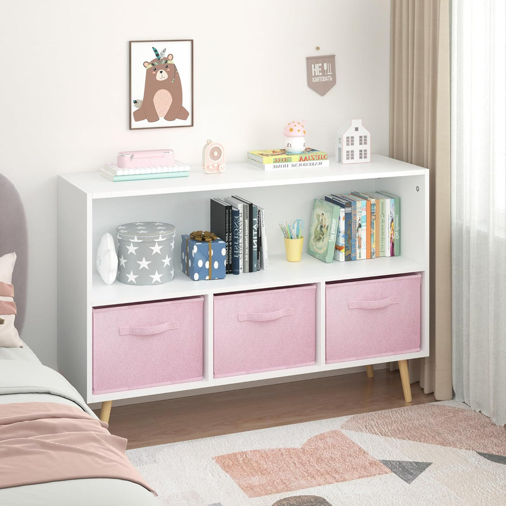 PVWIIK Kids 2-Tier Bookcase with Collapsible Fabric Drawers,Toy Storage Cabinet Organizer,Book Display Storage Cabinet Organizer,Cute for Playroom Livingroom,White/Pink
