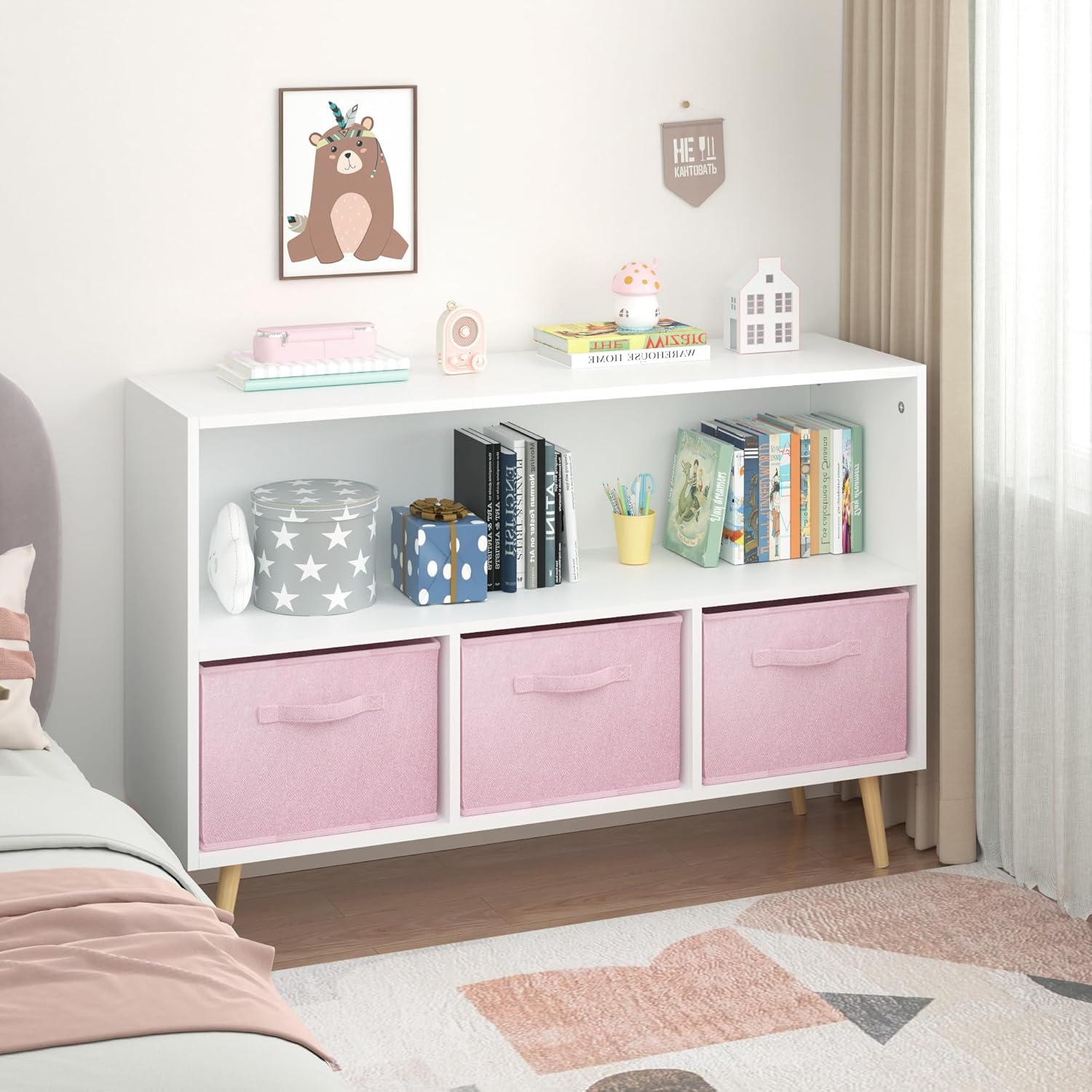 PVWIIK Kids 2-Tier Bookcase with Collapsible Fabric Drawers,Toy Storage Cabinet Organizer,Book Display Storage Cabinet Organizer,Cute for Playroom Livingroom,White/Pink