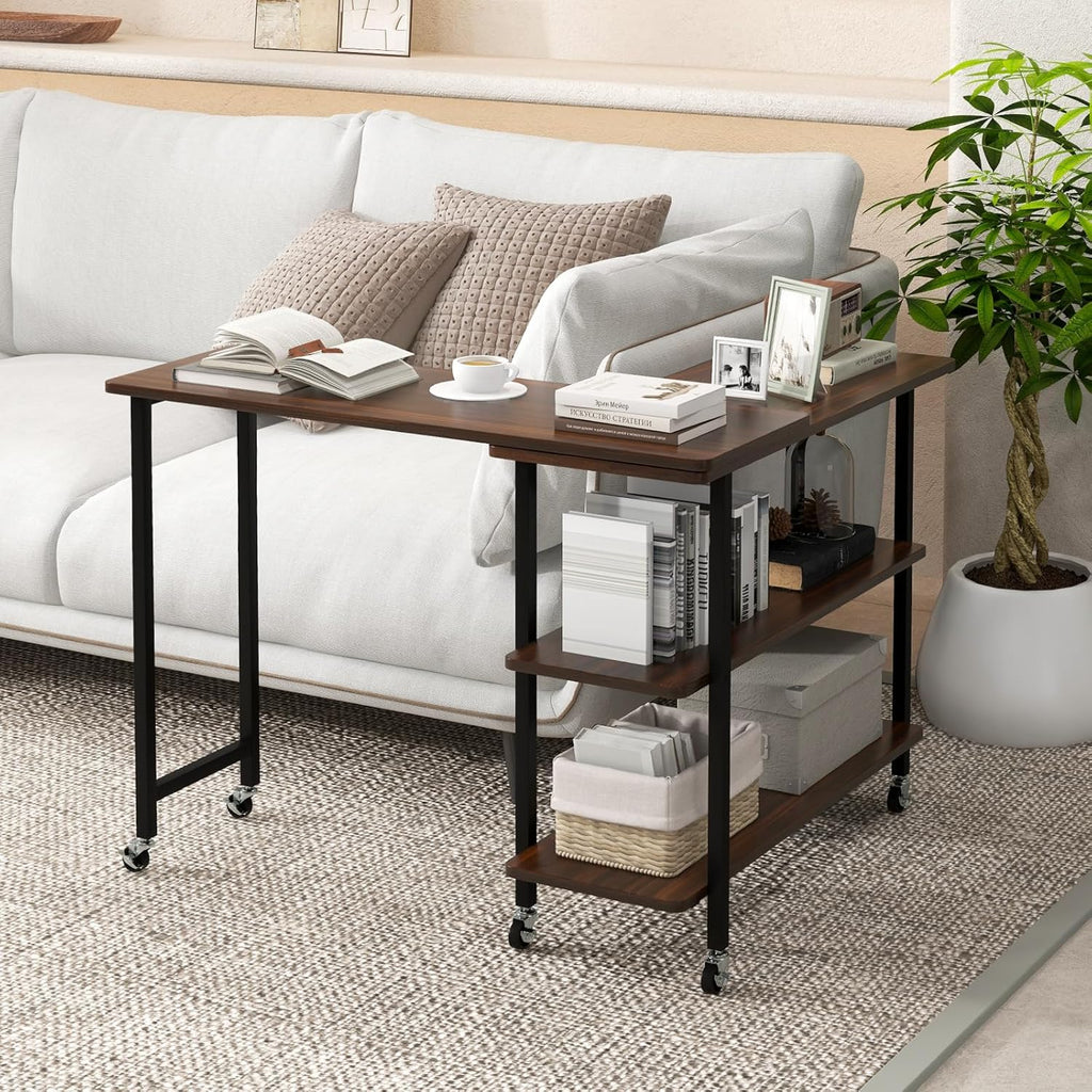 GOFLAME 360° Rotating Sofa Side Table, Mobile Couch Side End Table with 2-Tier Storage Shelves, Swivel Rolling Desk w/Metal Frame, 6 Casters, Movable Laptop Table for Home Office, Patented, Walnut