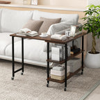 GOFLAME 360° Rotating Sofa Side Table, Mobile Couch Side End Table with 2-Tier Storage Shelves, Swivel Rolling Desk w/Metal Frame, 6 Casters, Movable Laptop Table for Home Office, Patented, Walnut