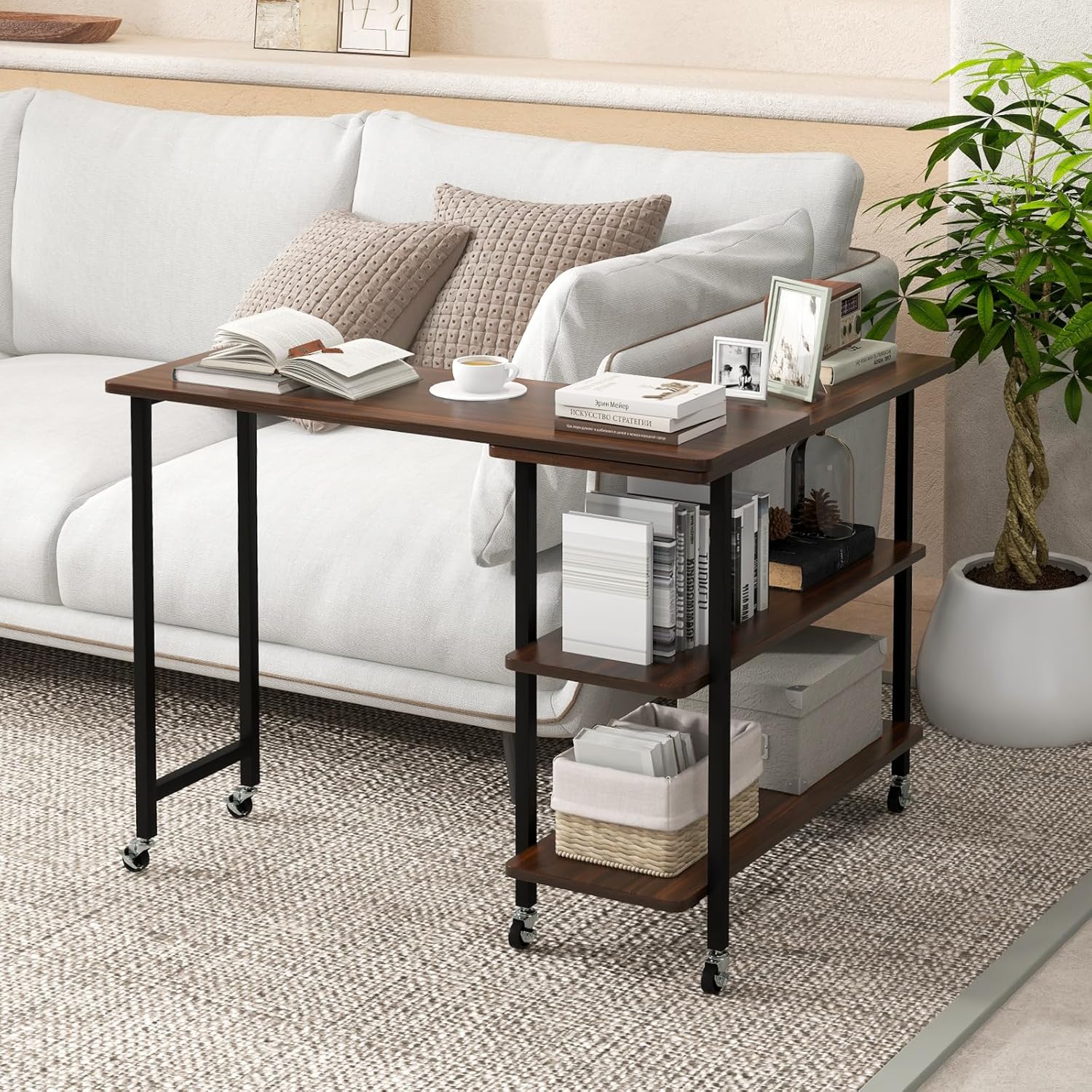 GOFLAME 360° Rotating Sofa Side Table, Mobile Couch Side End Table with 2-Tier Storage Shelves, Swivel Rolling Desk w/Metal Frame, 6 Casters, Movable Laptop Table for Home Office, Patented, Walnut