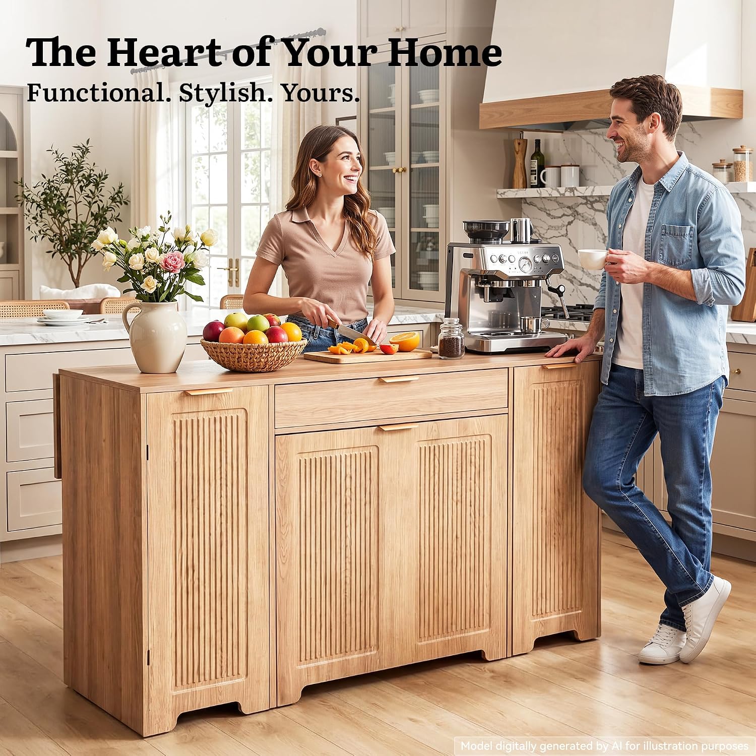 YITAHOME Expandable Kitchen Island with Hidden Trash Cabinet | 55.1" Rolling Kitchen Island with Drop Leaf, Storage Drawer & 3-Tier Side Shelves, Mobile Kitchen Island on Wheels with Hooks