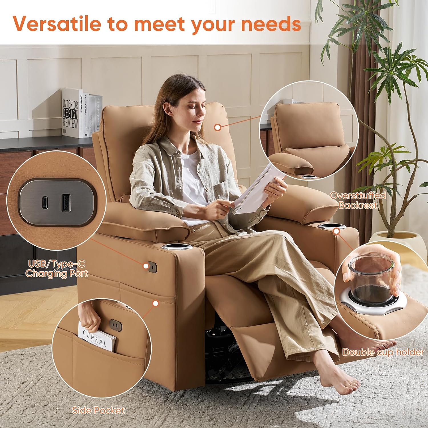 270° Swivel Rocker Recliner with Adjustable Armrests,Oversized Power Nursery Recliner with Heating and Massgae,Rocking Chair Nursery with One-Touch Reset,Double Cup Holder,Faux Leather,Brown