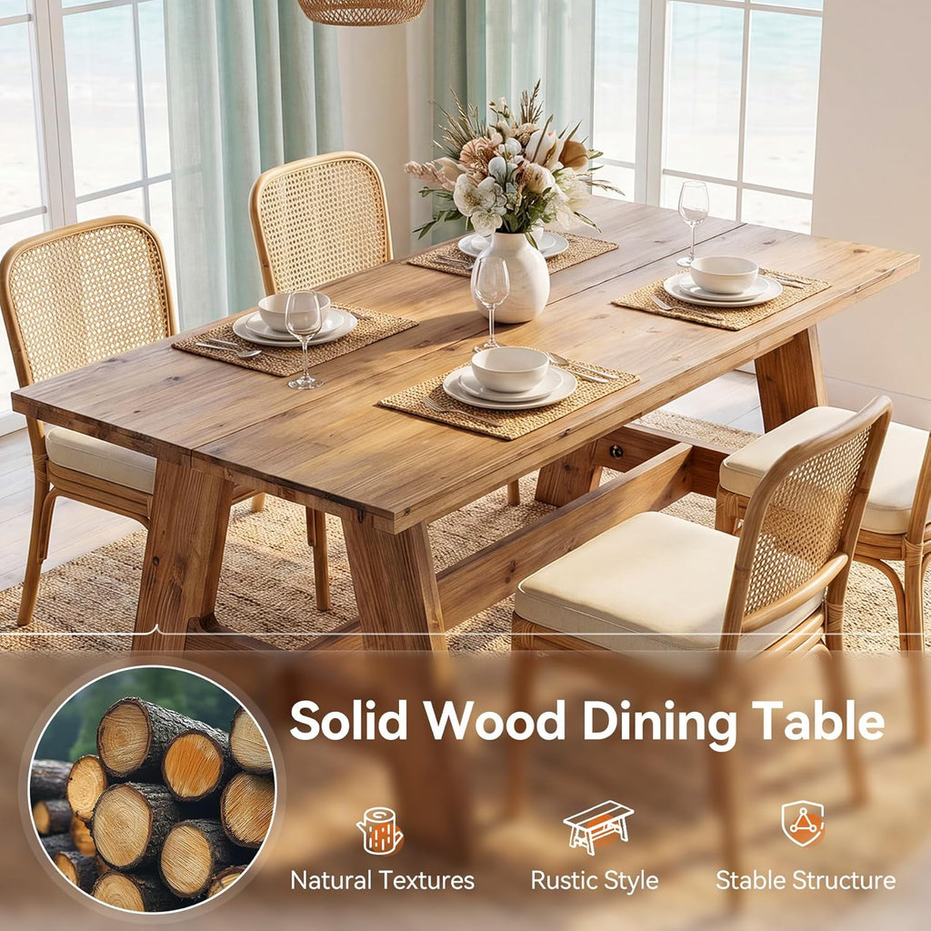 63-Inch Farmhouse Dining Table for 4-6, Natural Solid Wood Rectangle Kitchen Table, Rustic Wooden Dinner Furniture with Sturdy Trestle Base for Dining Room, Kitchen