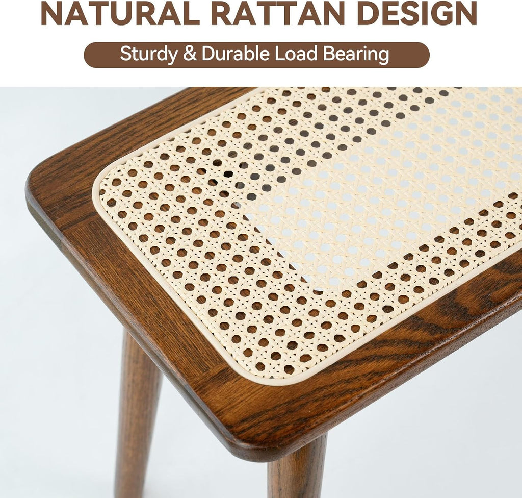 Entryway Bench, Solid Wood Kitchen Dining Bench, Mid Century Modern End of Bed Bench with Rattan Woven Top for Bedroom, Dining Room, Entry Way, 39.37" L x 11.2" W x 17.7" H, Walnut