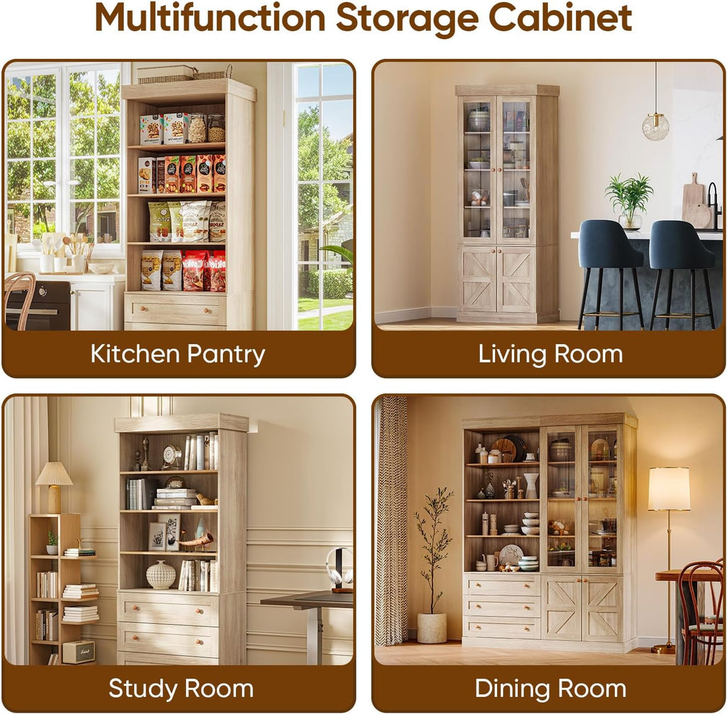 Vyre 71" Tall Farmhouse Kitchen Pantry, Large Storage Cabinets with Glass Doors, Freestanding Wood Hutch Cabinet with 3 Drawers & Adjustable Shelves for Living Room & Dining Room, Brown, Set of 3