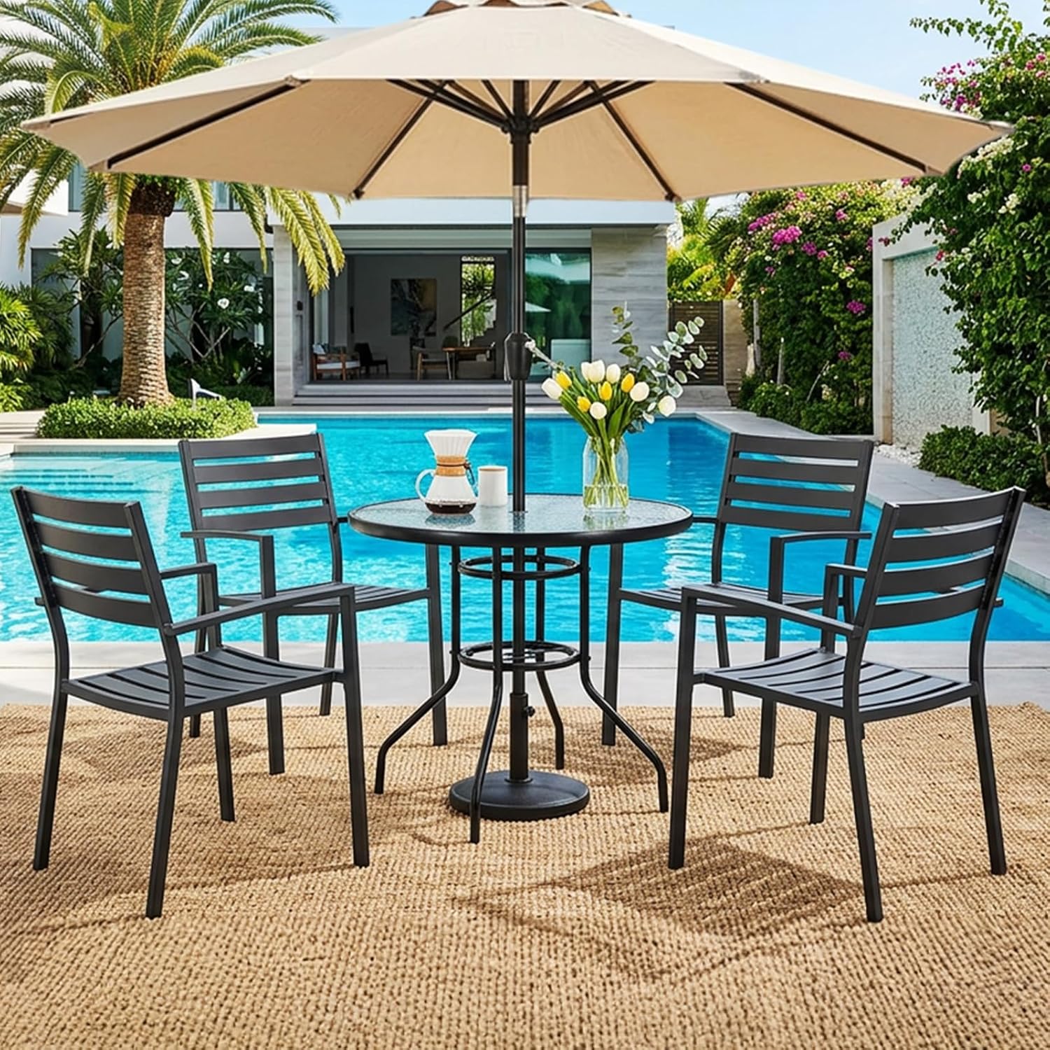 VINGLI Round Patio Table with Umbrella Hole, 32" Outdoor Dining Table Steel Tempered Glass Patio Tables Round Outdoor Tables for Balcony Garden Deck