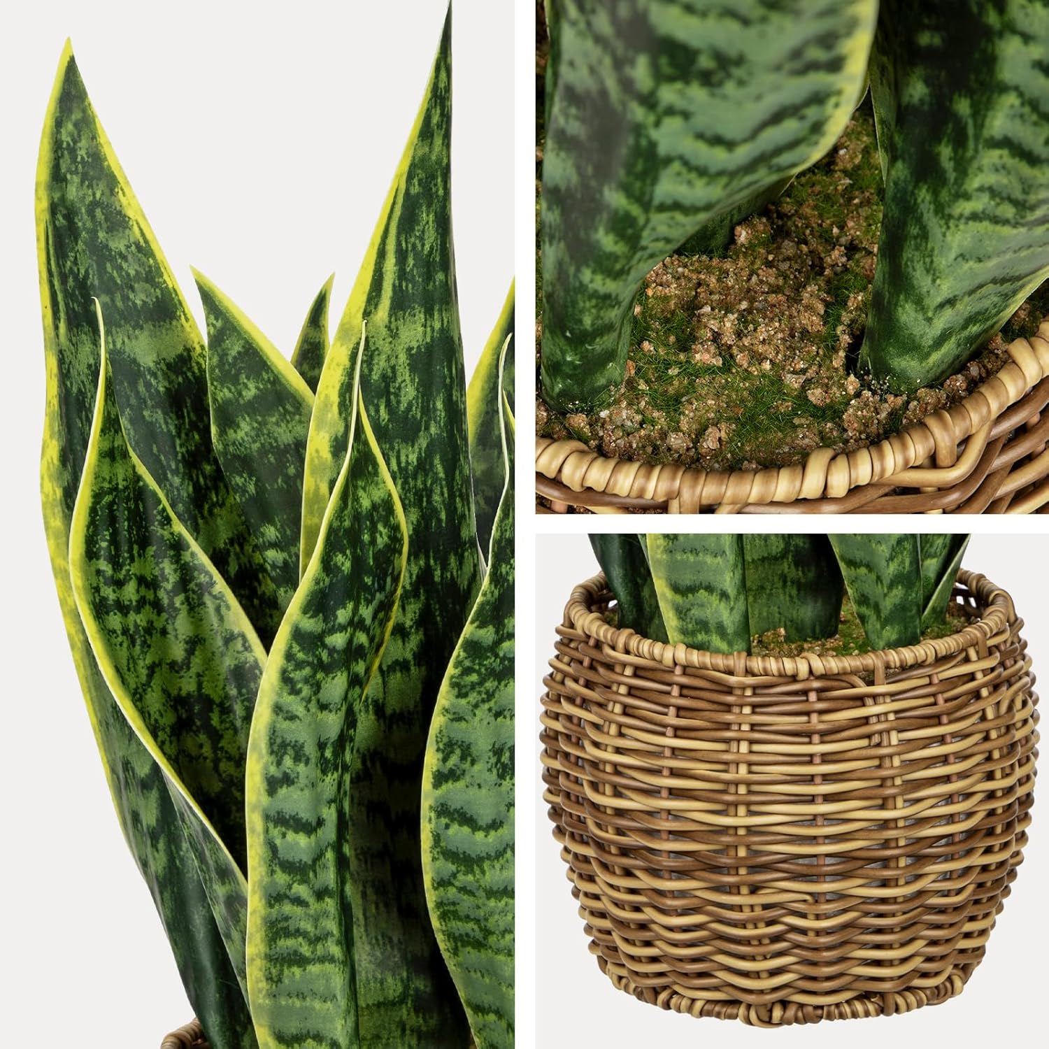 Hollyone Artificial Snake Plant in Woven Basket 17" Faux Sansevieria Trifasciata Plants Large Fake Snake Plants Potted for Home Office Room Farmhouse Indoor Decor Housewarming Gifts